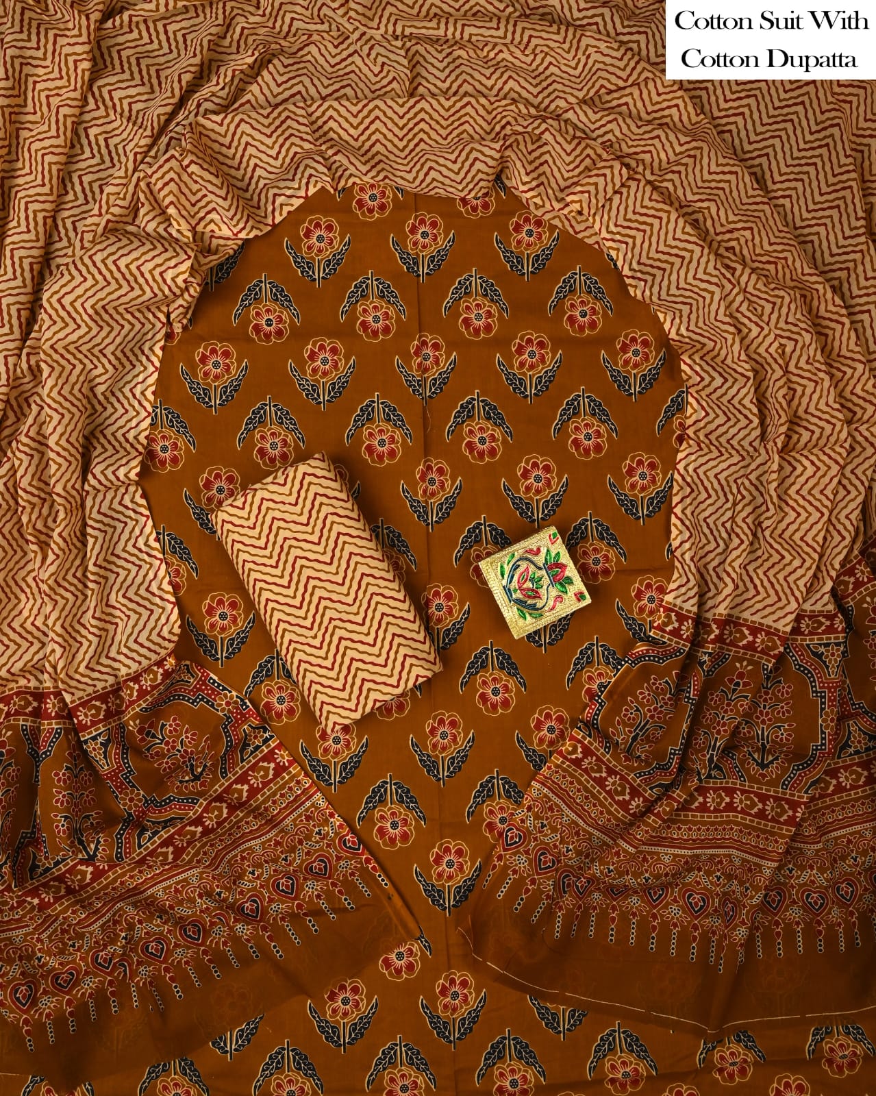 Designer Hand Block Printed Cotton Suit Set With Cotton Dupatta