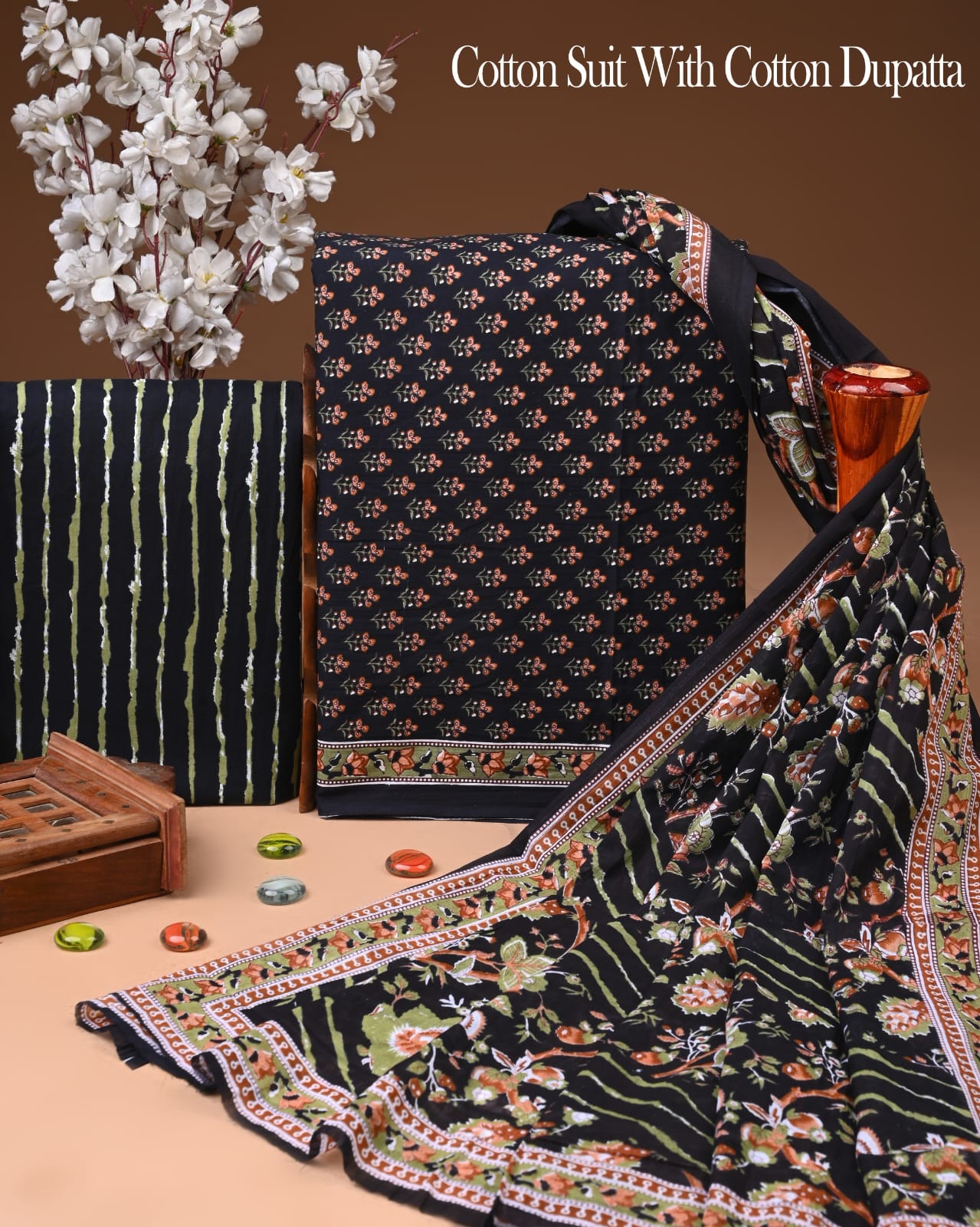 Pure Soft Cotton Hand Block Printed Suit Set With Cotton Dupatta