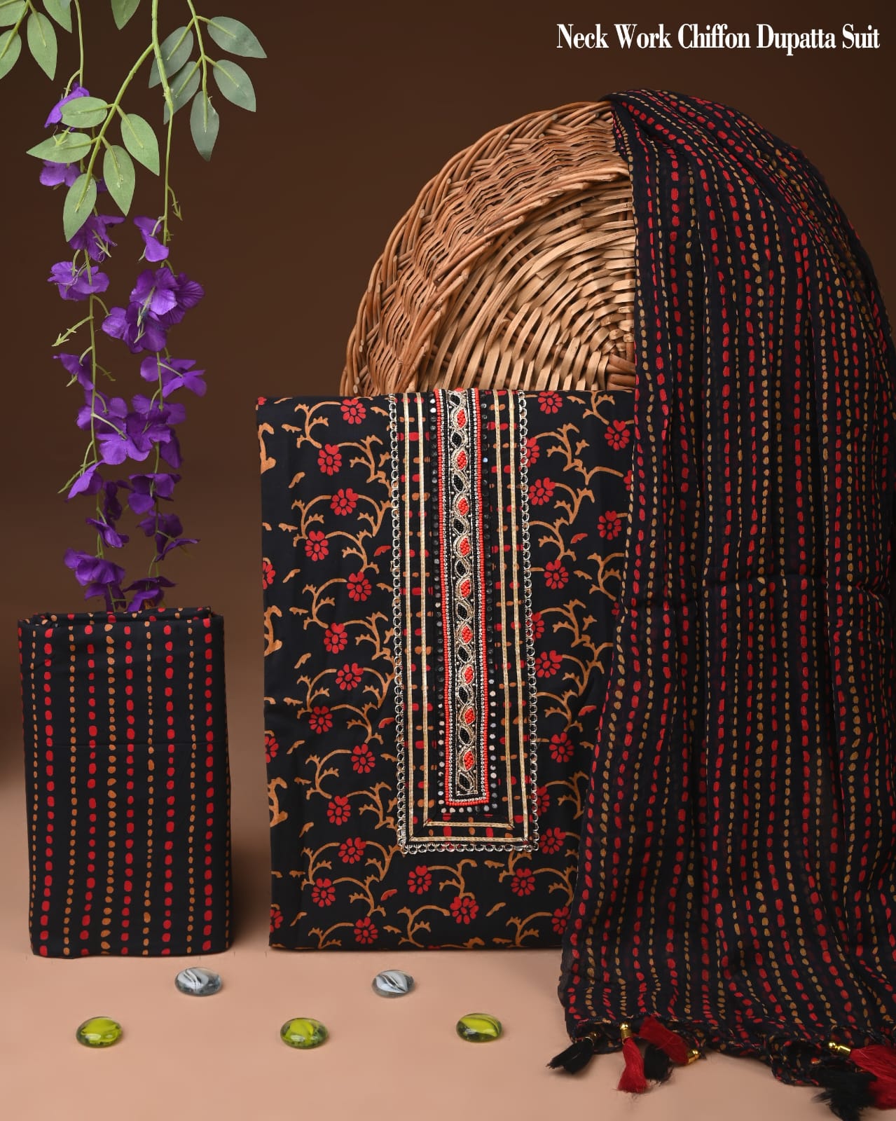 Premium Gota Patti Work Cotton Suit Set With Chiffon Dupatta