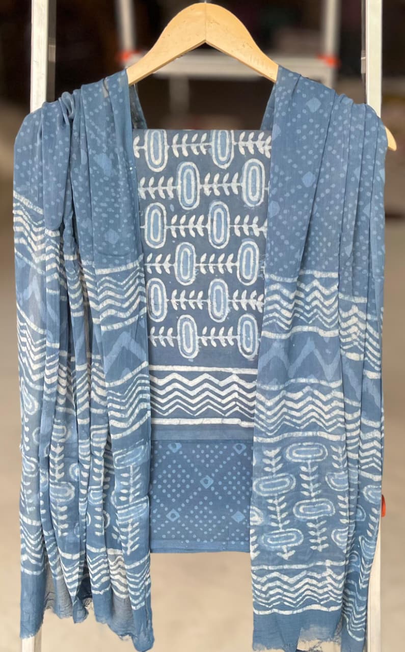 Pure Cotton Hand Block Printed Suit Set With Chiffon Dupatta
