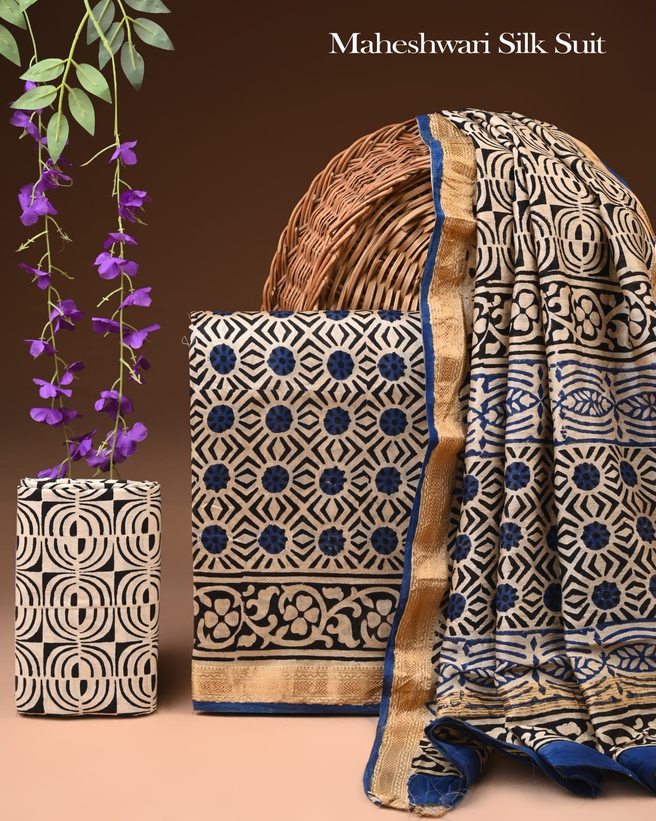 Premium Designer Handblock Printed Maheshwari Silk Suit Set