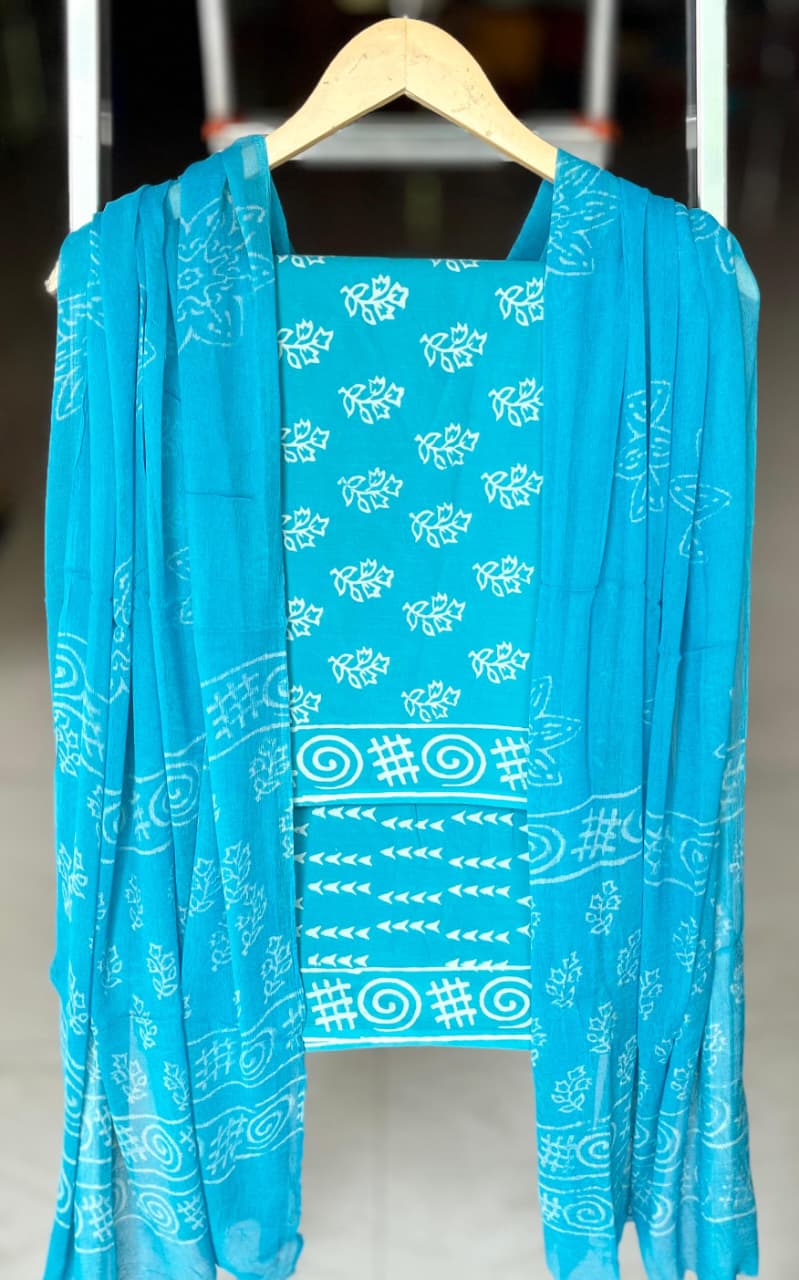 Pure Cotton Hand Block Printed Suit Set With Chiffon Dupatta