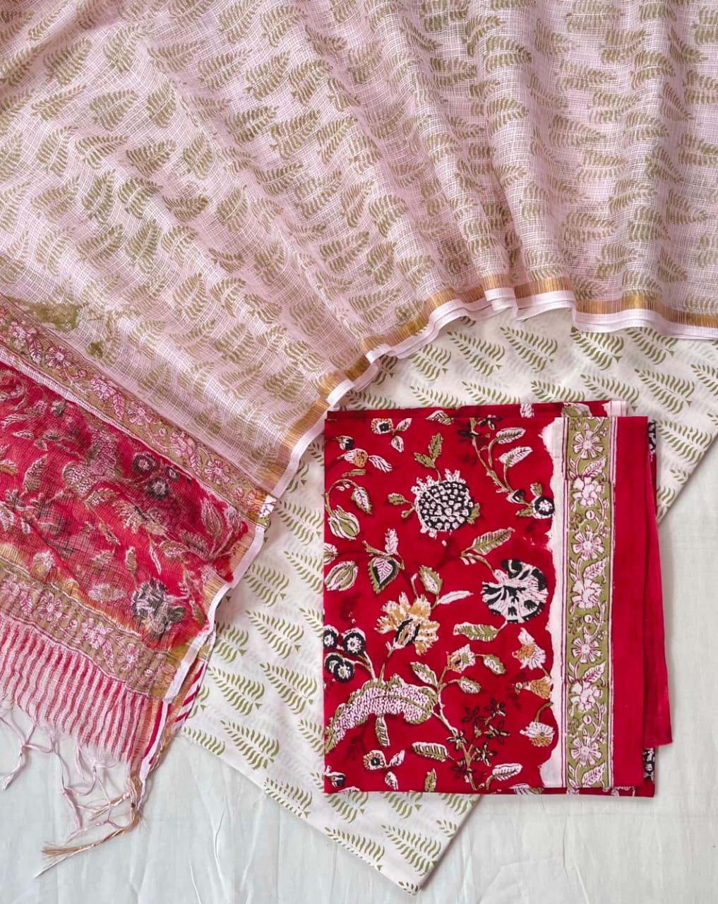 Pure Cotton Hand Block Printed Suit Set With Kota Doria Dupatta