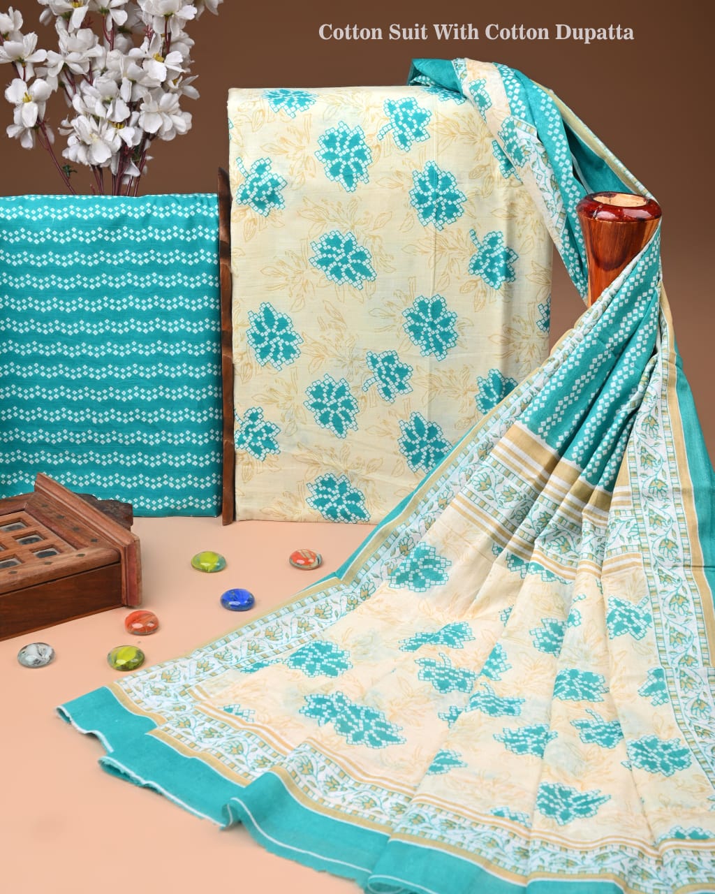 Designer Hand Block Printed Cotton Suit Set With Cotton Dupatta