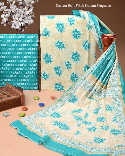 Designer Hand Block Printed Cotton Suit Set With Cotton Dupatta