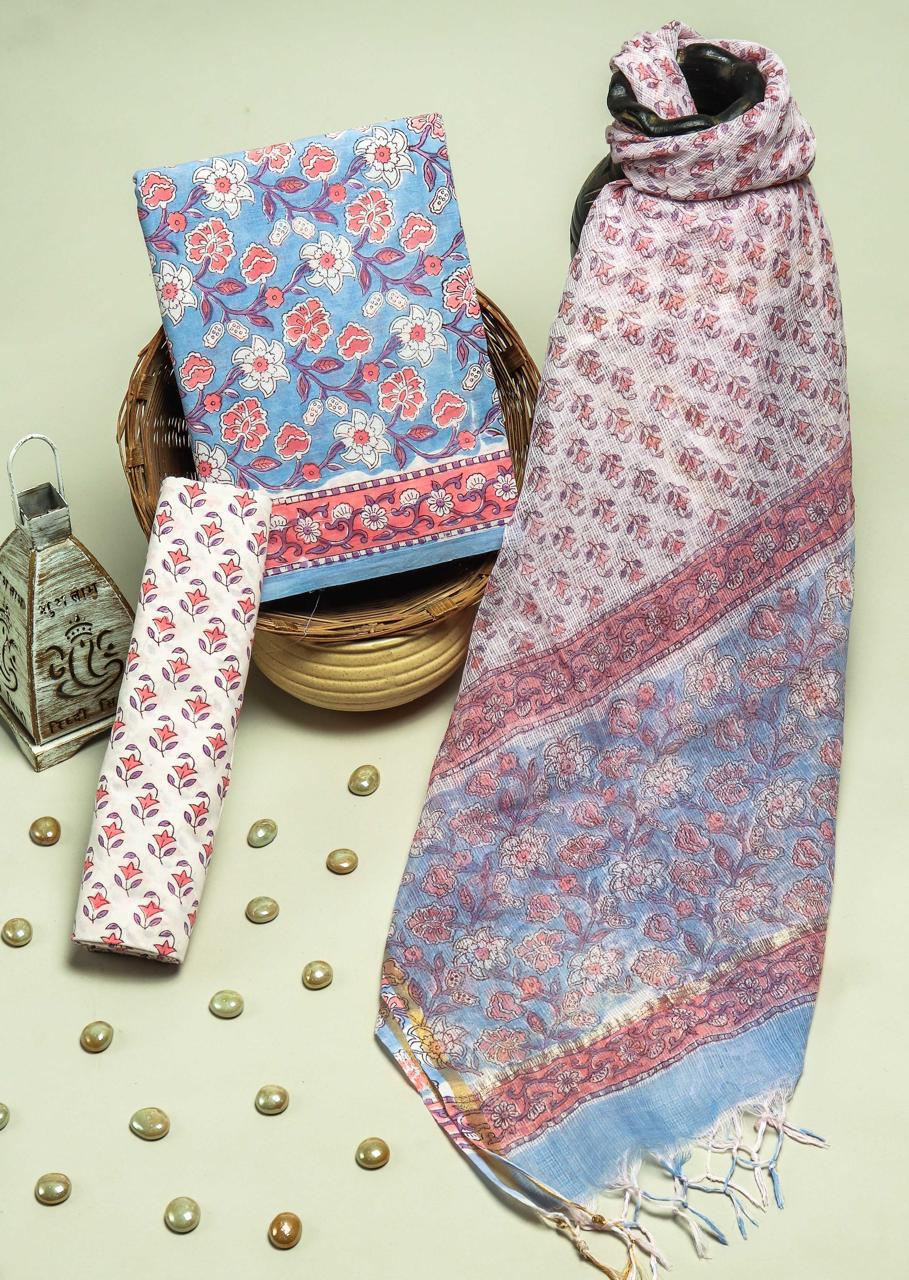 Pure Cotton Hand Block Printed Suit Set With Kota Doria Dupatta