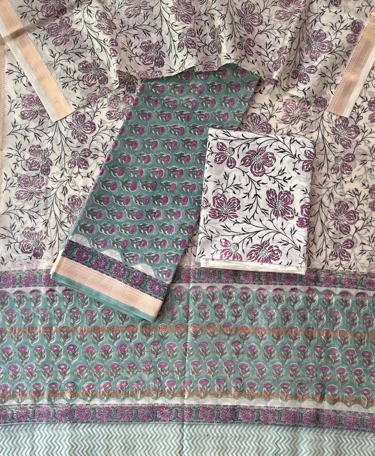 Premium Designer Handblock Printed Maheshwari Silk Suit Set