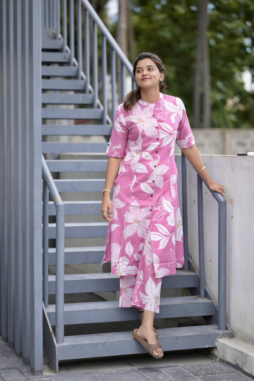 Premium Floral Fine Cotton Printed A-Line Pattern Kurti-Palazzo Set