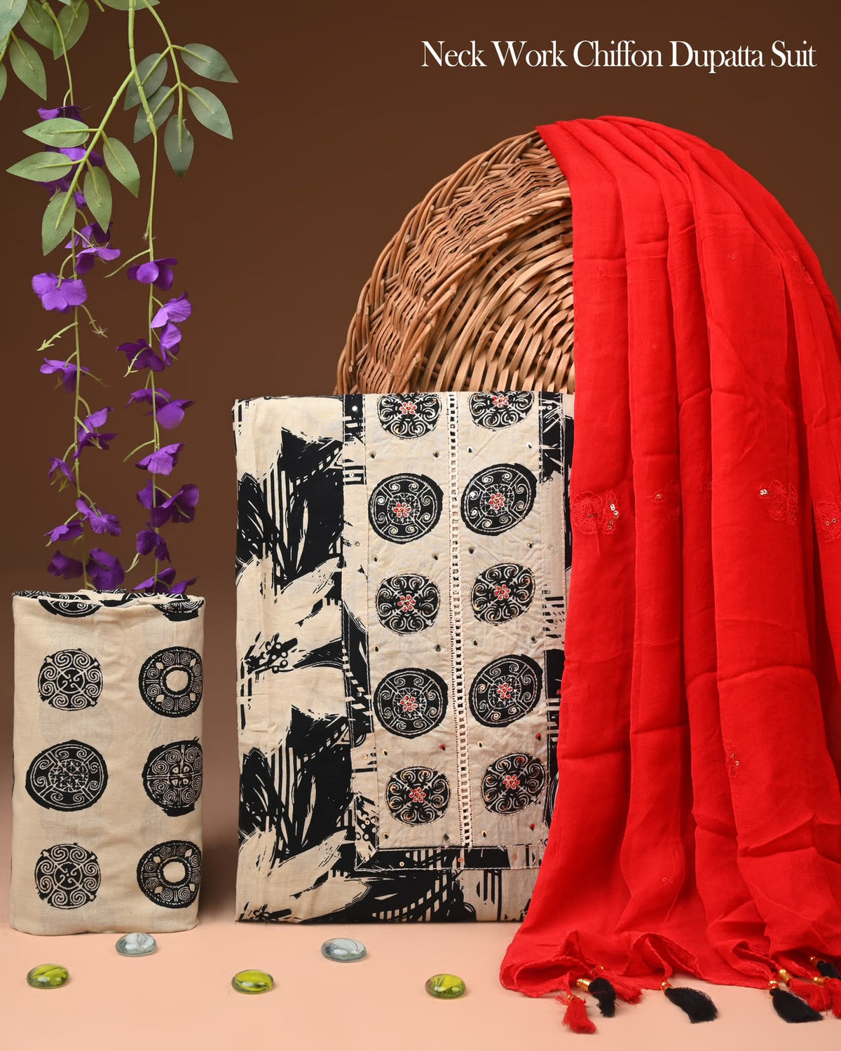 Premium Gota Patti Work Cotton Suit Set With Chiffon Dupatta