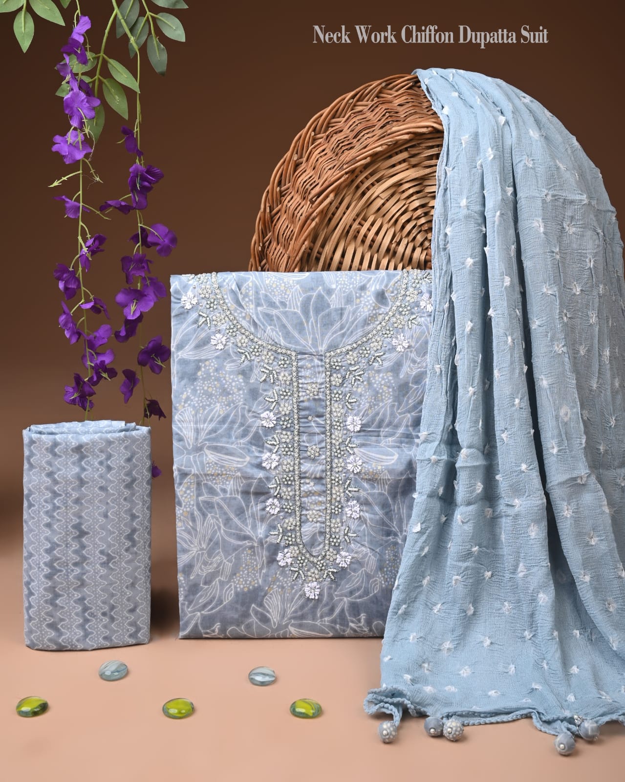 Premium Gota Patti Work Cotton Suit Set With Chiffon Dupatta