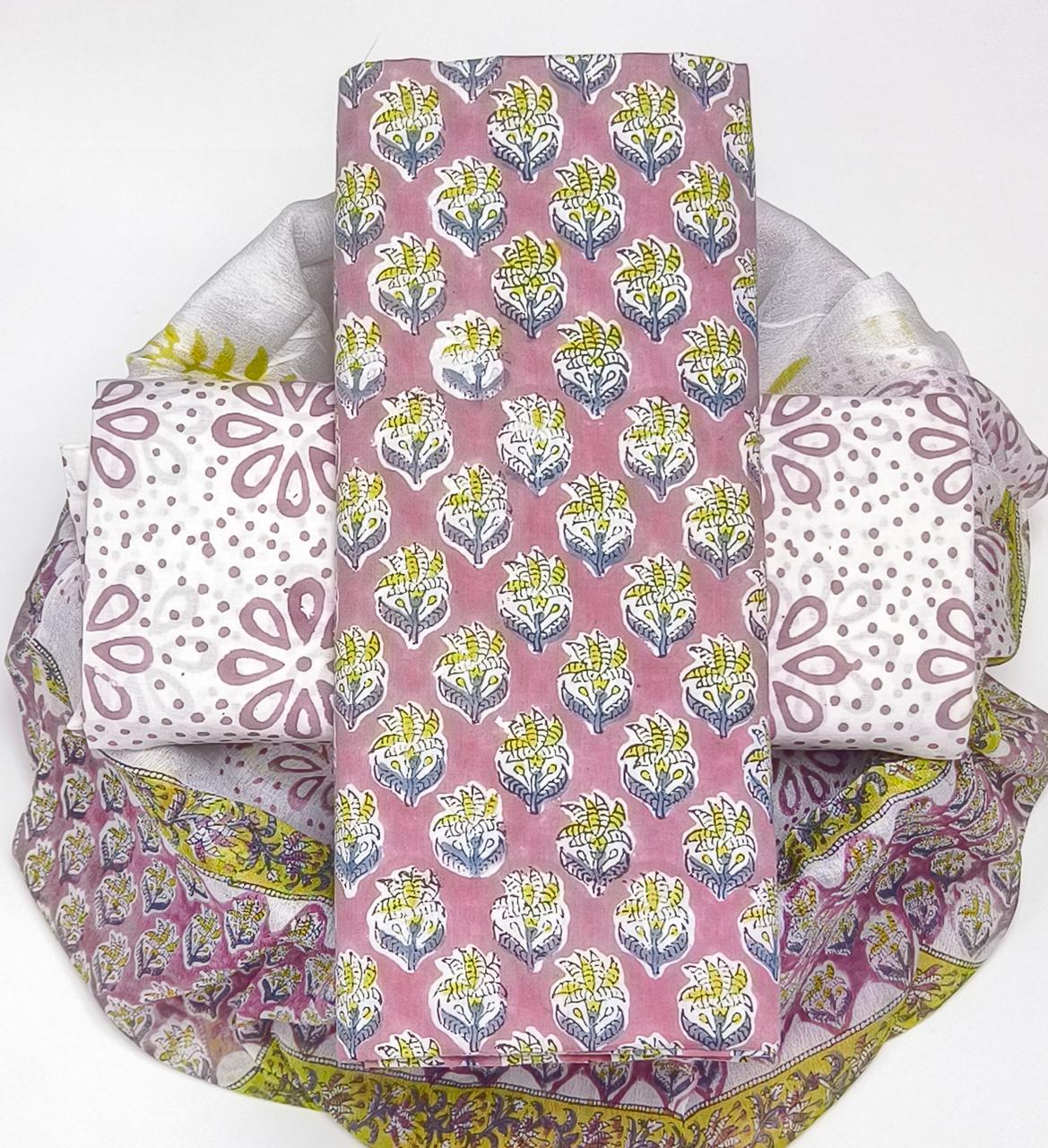 Pure Cotton Hand Block Printed Suit Set With Chiffon Dupatta