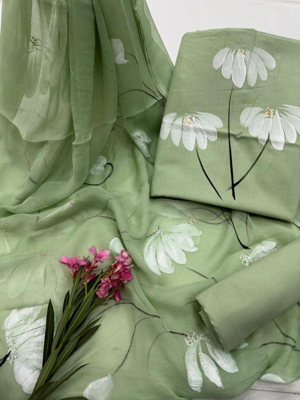 Pure Cotton Hand Block Printed Suit Set With Chiffon Dupatta
