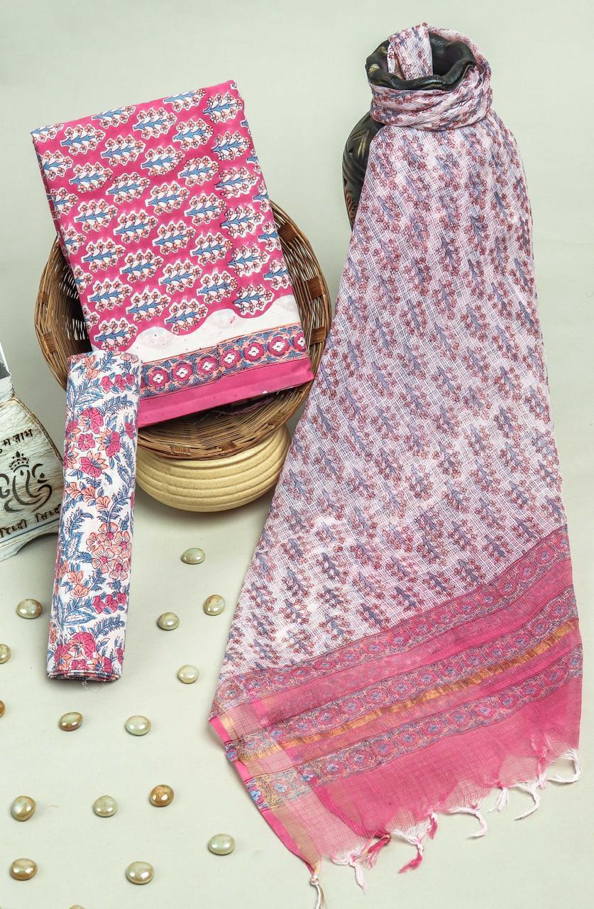 Pure Cotton Hand Block Printed Suit Set With Kota Doria Dupatta