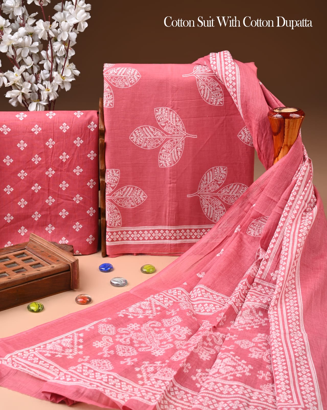 Designer Hand Block Printed Cotton Suit Set With Cotton Dupatta