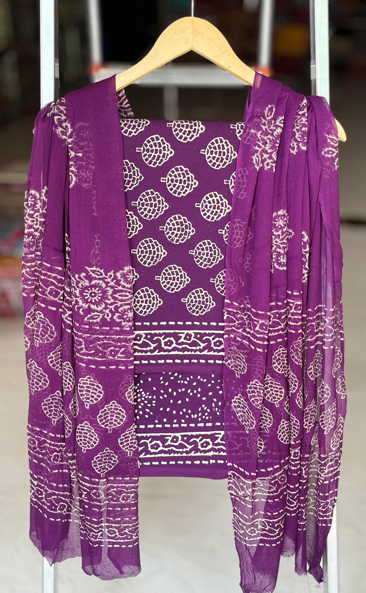 Pure Soft Cotton Hand Block Printed Suit Set With Chiffon Dupatta