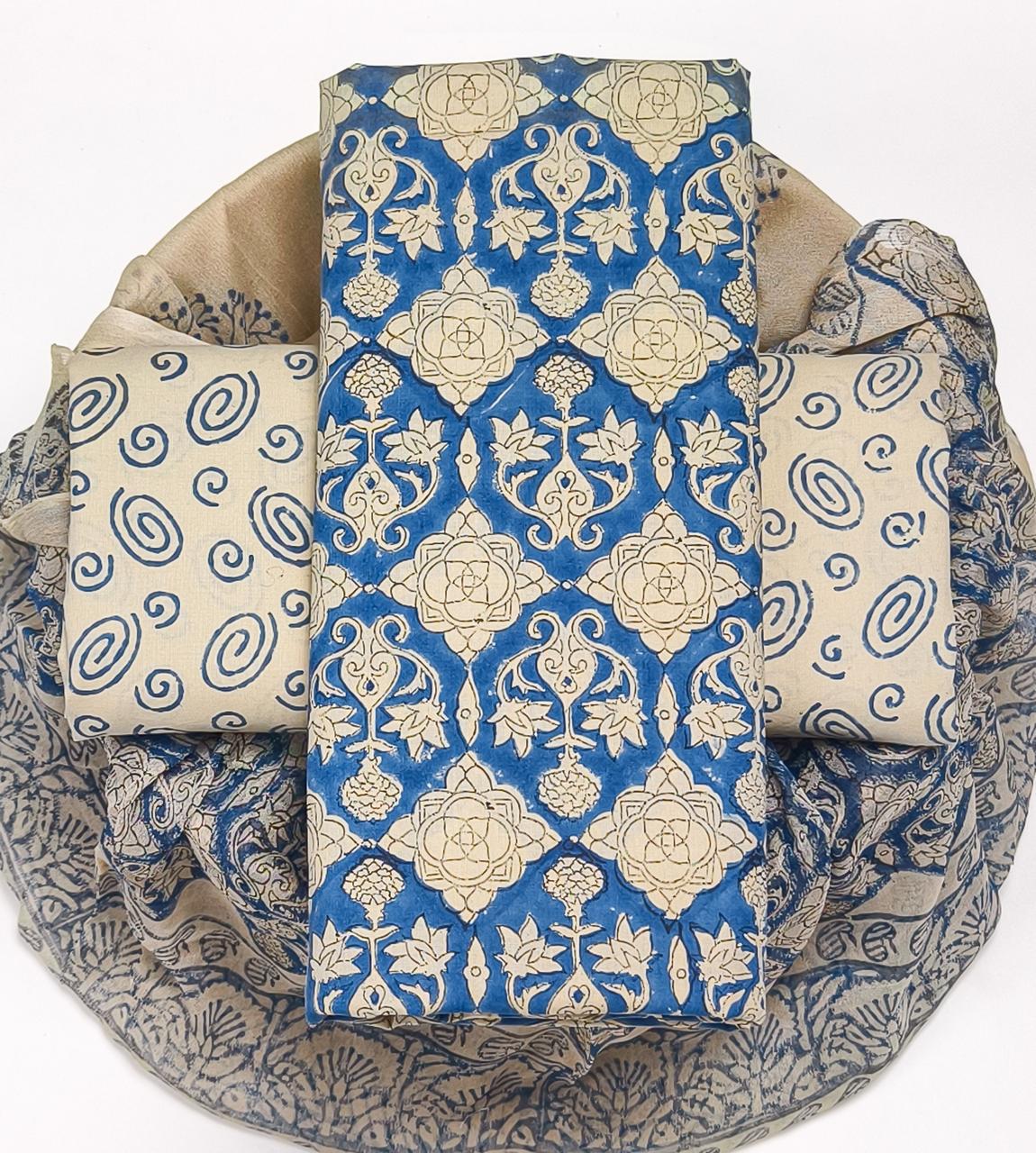 Pure Cotton Hand Block Printed Suit Set With Chiffon Dupatta