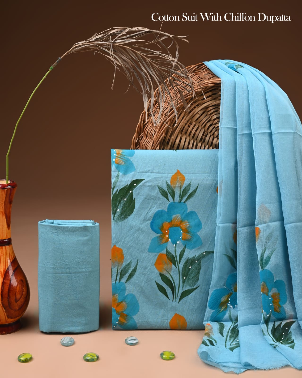 Pure Cotton Hand Block Printed Suit Set With Chiffon Dupatta