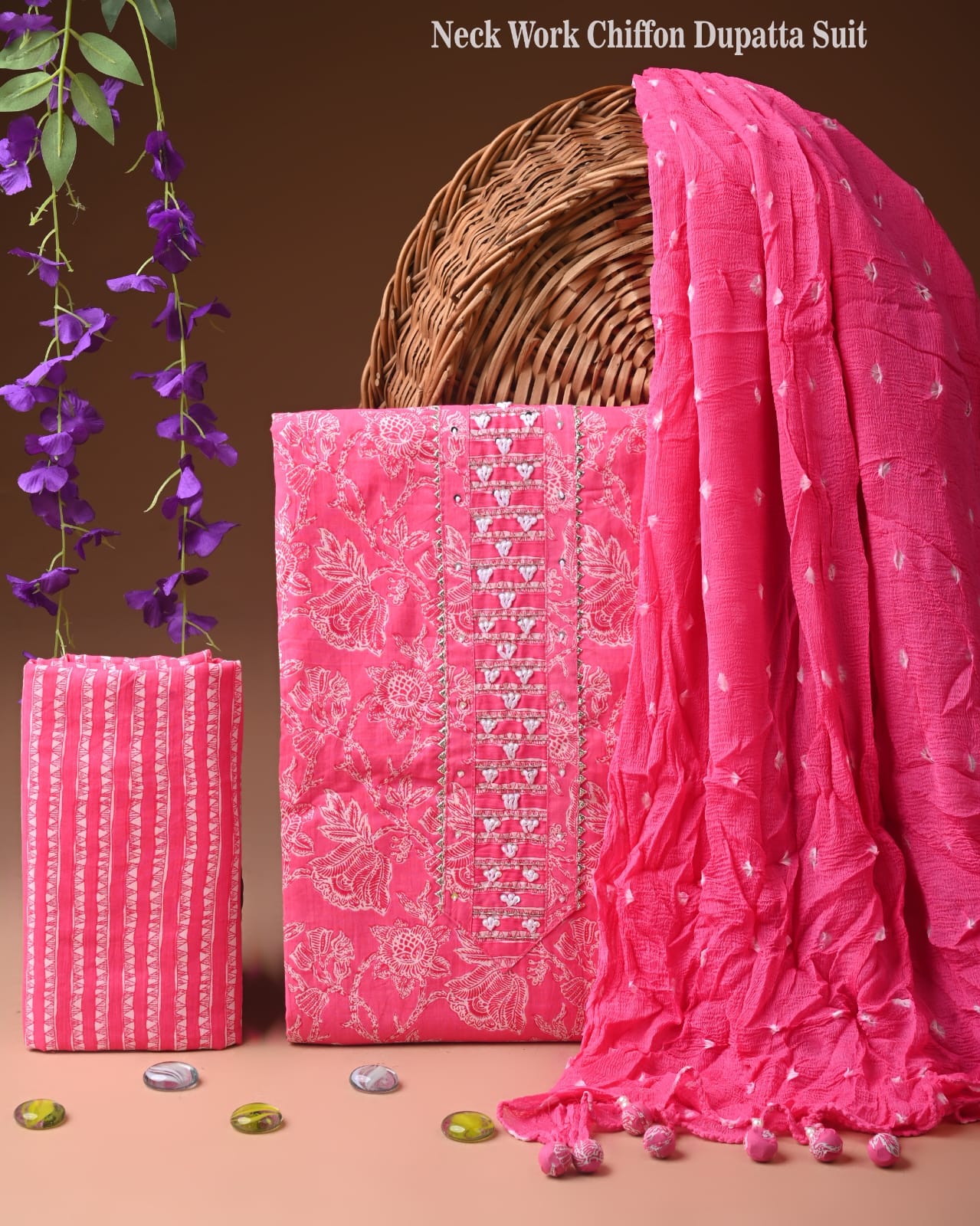 Premium Gota Patti Work Cotton Suit Set With Chiffon Dupatta