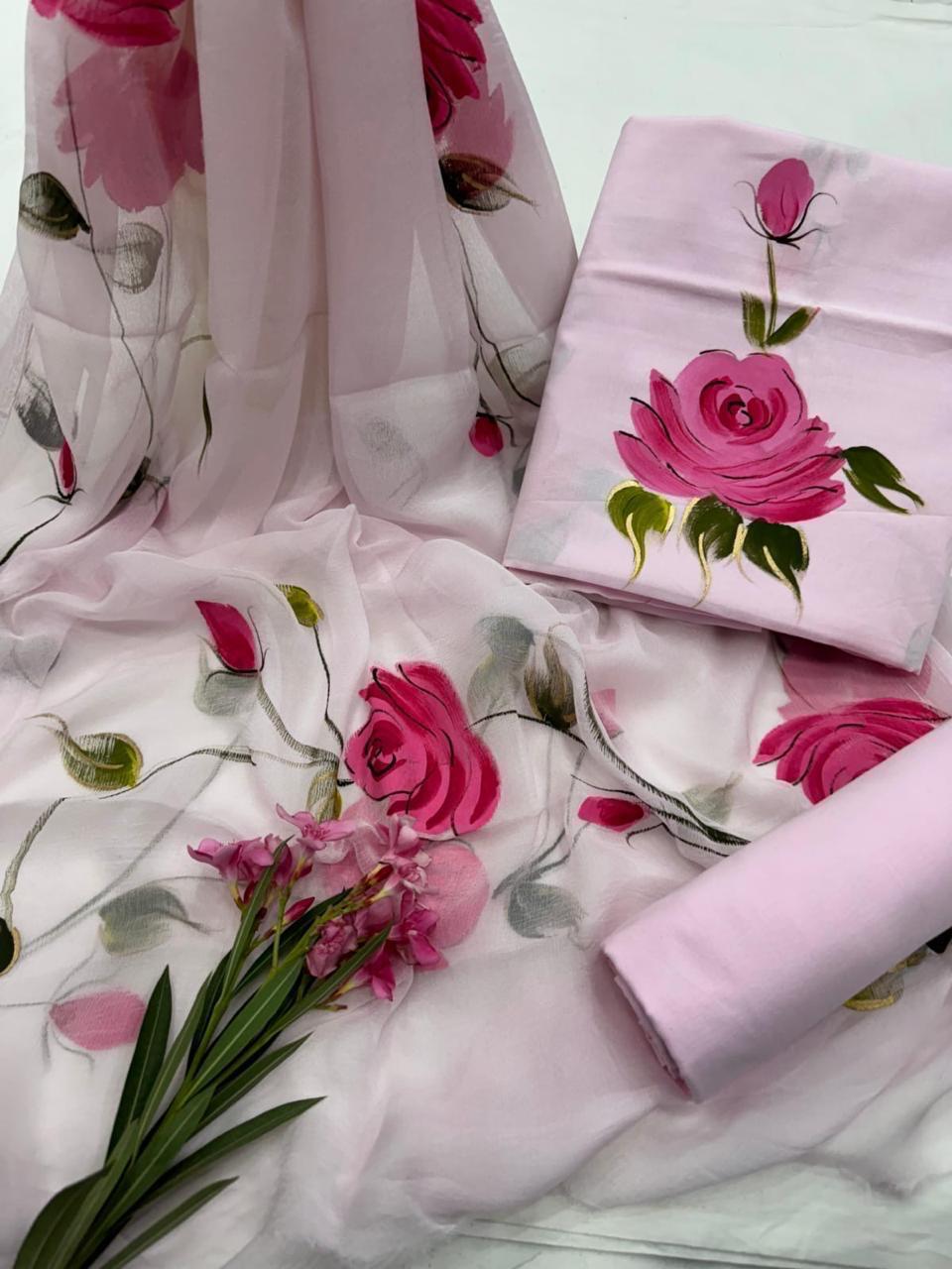Pure Cotton Hand Block Printed Suit Set With Chiffon Dupatta