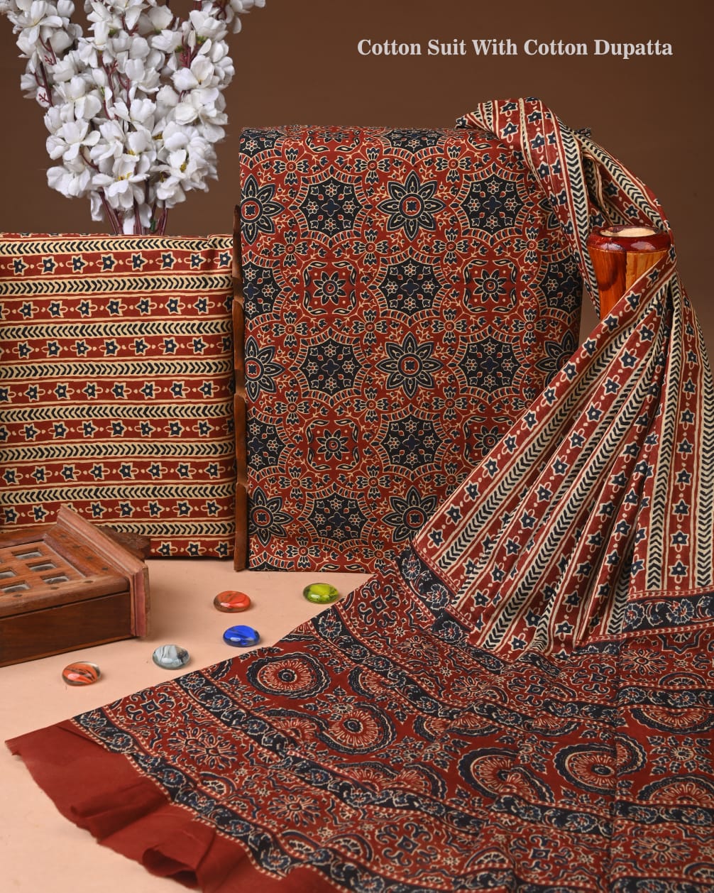 Designer Hand Block Printed Cotton Suit Set With Cotton Dupatta