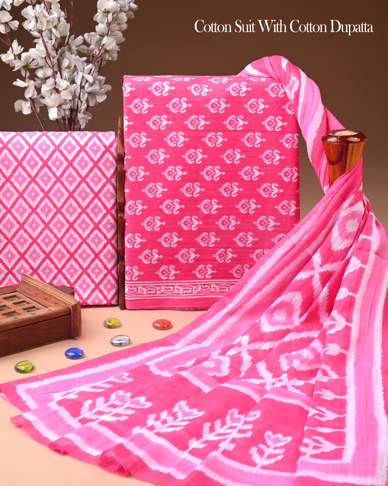 Pure Soft Cotton Hand Block Printed Suit Set With Cotton Dupatta