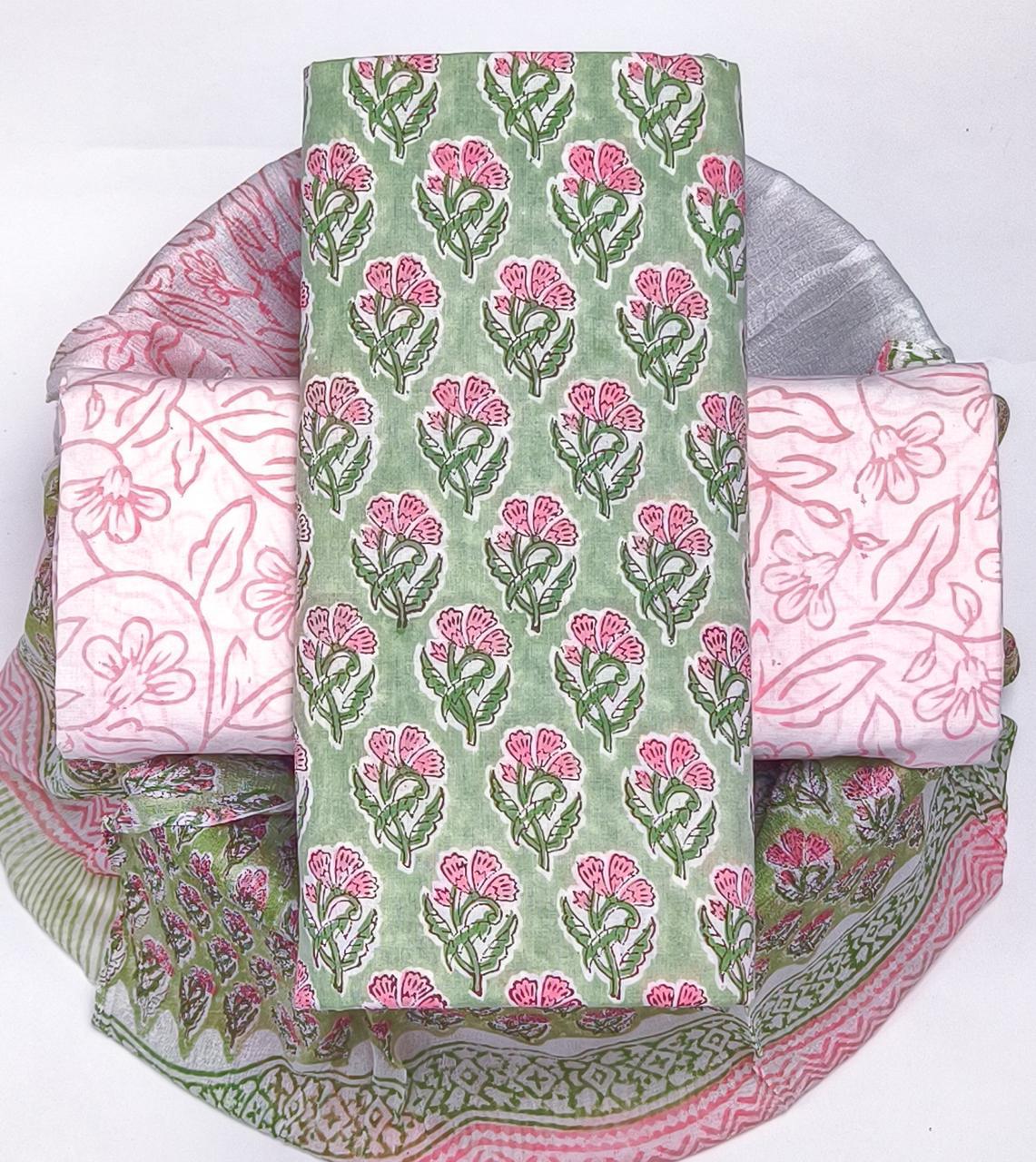 Pure Cotton Hand Block Printed Suit Set With Chiffon Dupatta