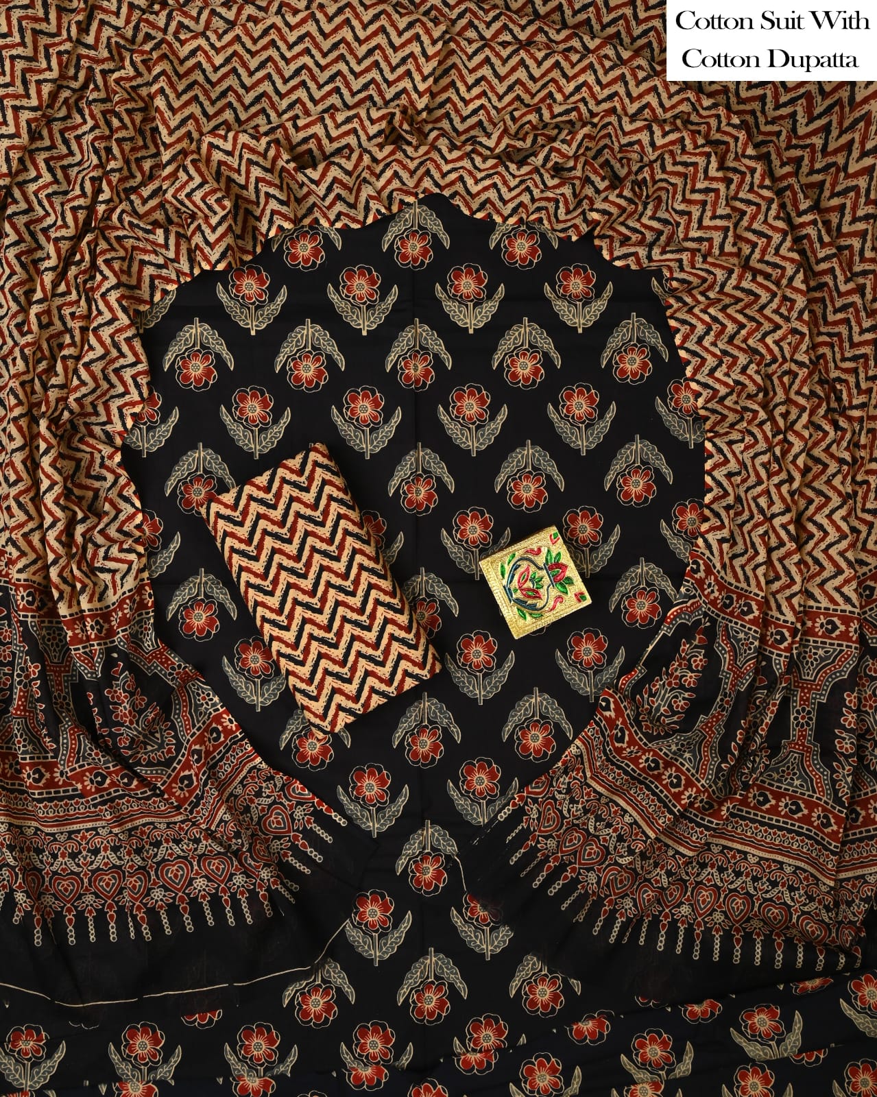 Designer Hand Block Printed Cotton Suit Set With Cotton Dupatta