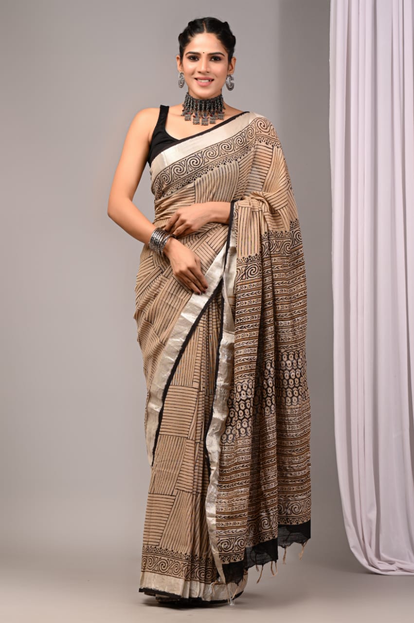 Pure Cotton Linen Handblock Printed Saree With Blouse