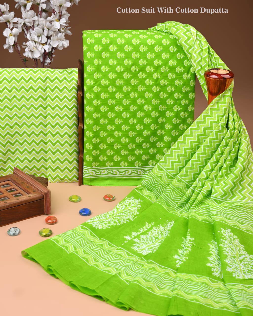 Designer Hand Block Printed Cotton Suit Set With Cotton Dupatta