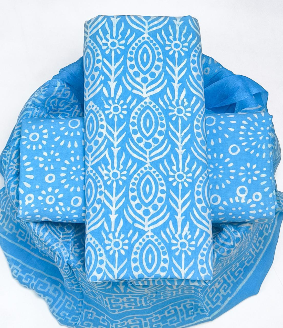 Pure Cotton Hand Block Printed Suit Set With Chiffon Dupatta