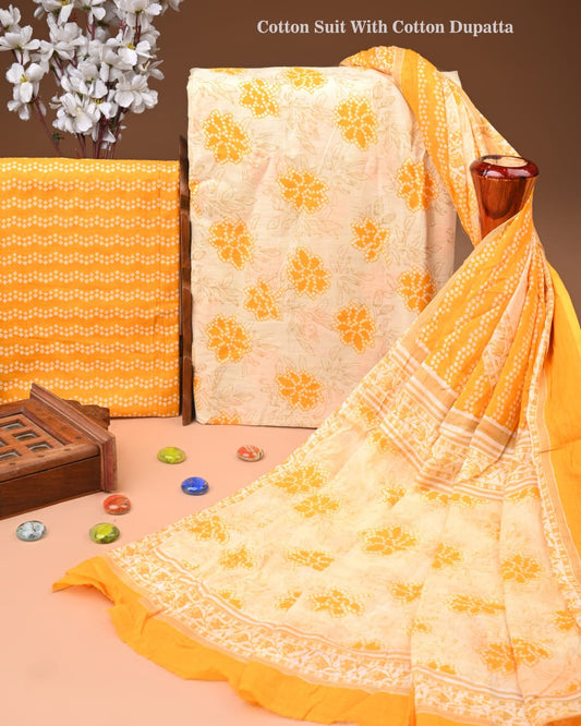 Designer Hand Block Printed Cotton Suit Set With Cotton Dupatta