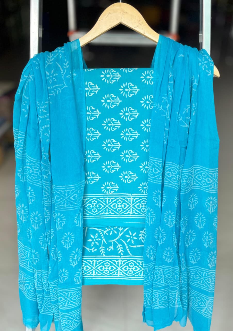 Pure Cotton Hand Block Printed Suit Set With Chiffon Dupatta
