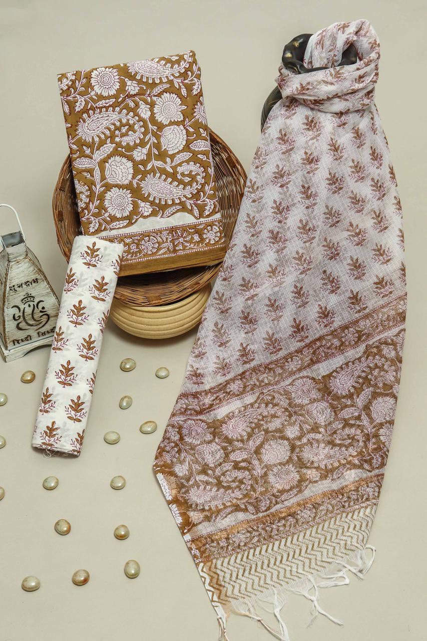 Pure Cotton Hand Block Printed Suit Set With Kota Doria Dupatta
