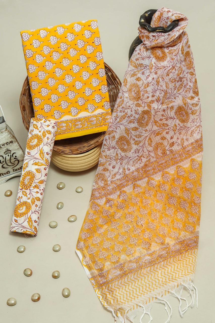 Pure Cotton Hand Block Printed Suit Set With Kota Doria Dupatta