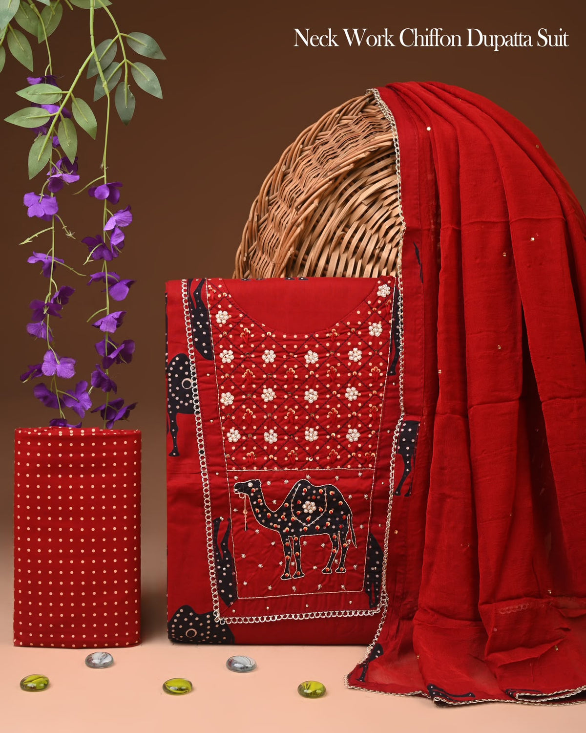 Premium Gota Patti Work Cotton Suit Set With Chiffon Dupatta