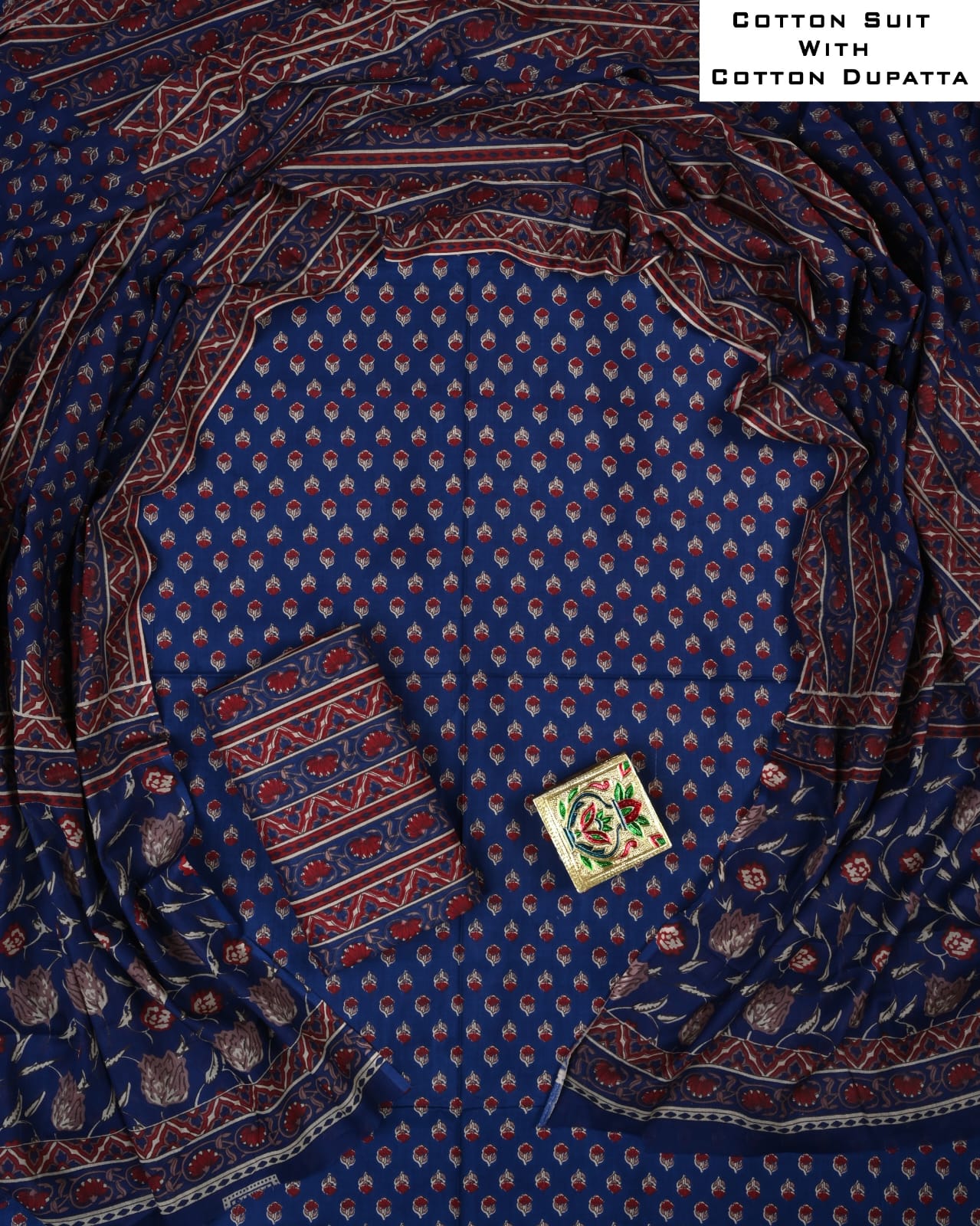 Designer Hand Block Printed Cotton Suit Set With Cotton Dupatta