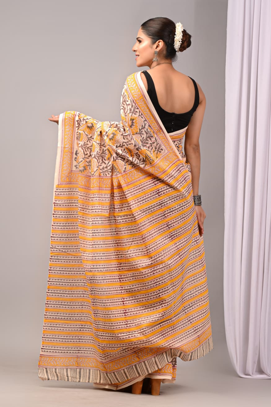 Pure Soft Cotton Handblock Printed Saree With Blouse