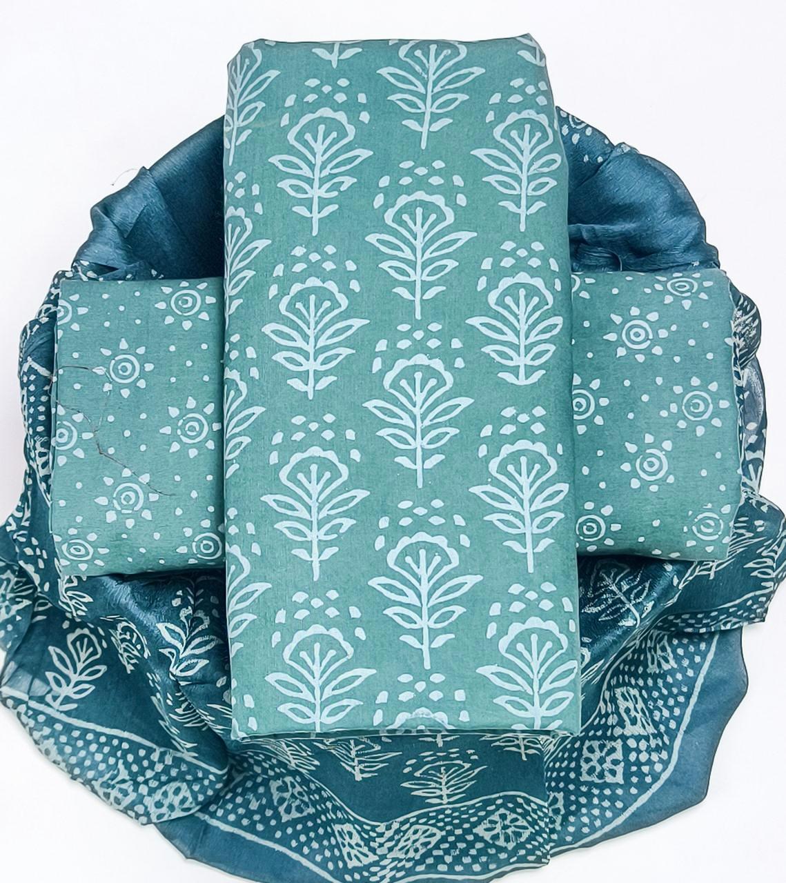 Pure Cotton Hand Block Printed Suit Set With Chiffon Dupatta