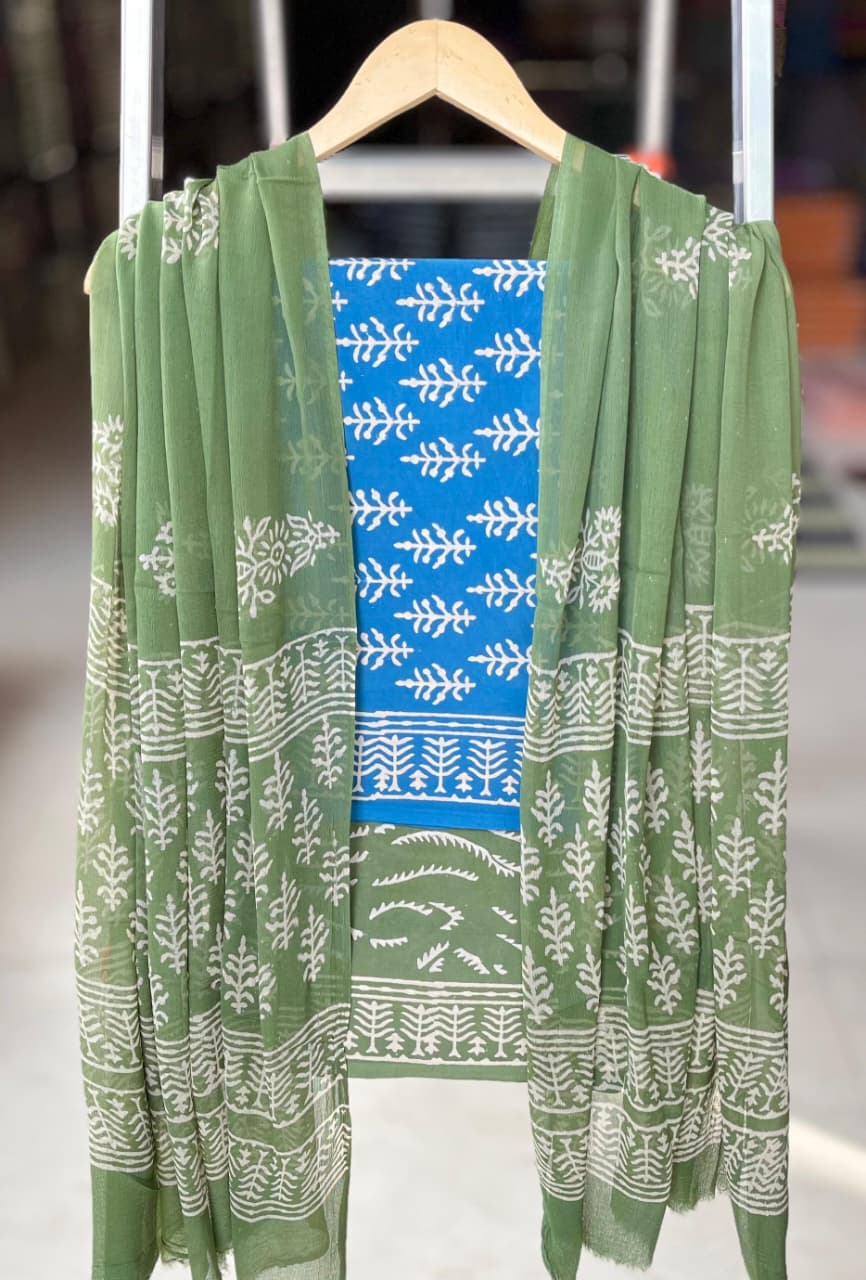 Pure Cotton Hand Block Printed Suit Set With Chiffon Dupatta
