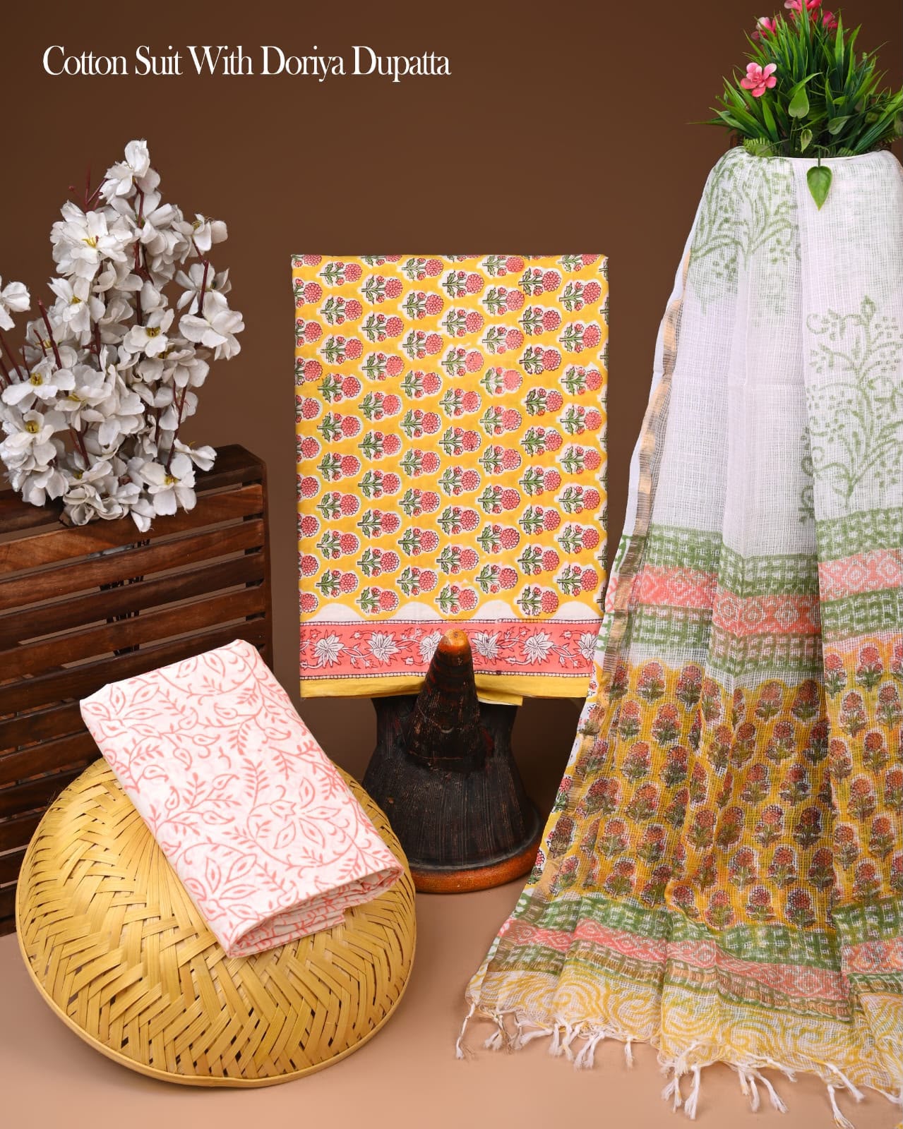 Pure Cotton Hand Block Printed Suit Set With Kota Doria Dupatta
