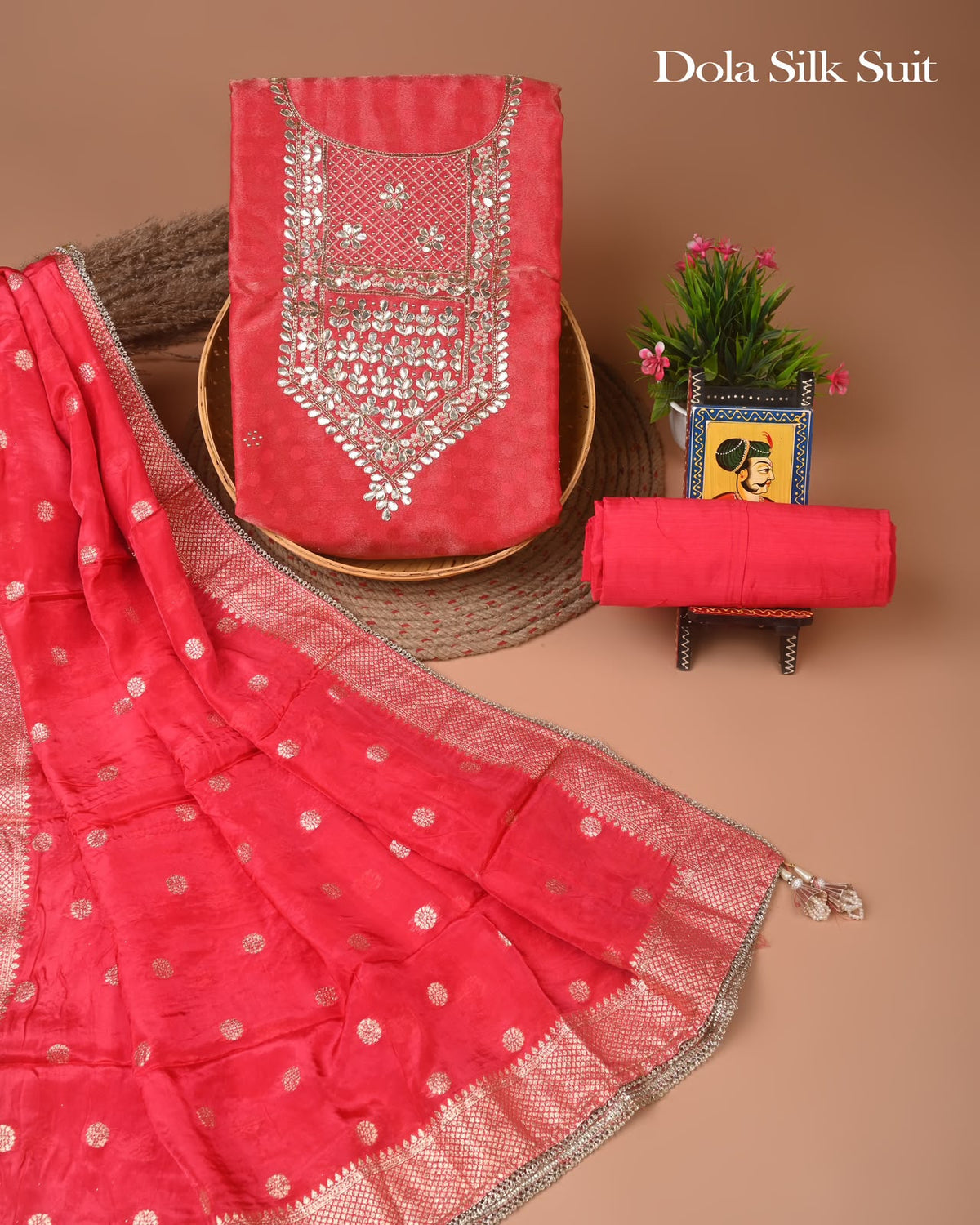 Premium Heavy Neck Work Dola Silk Suit Set