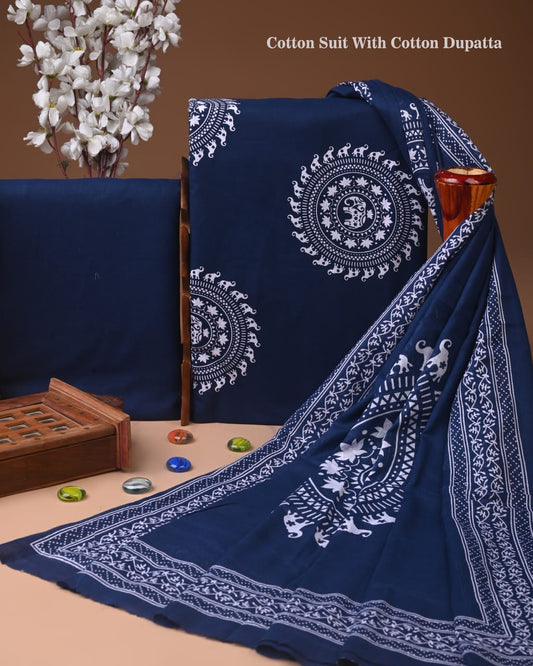 Designer Hand Block Printed Cotton Suit Set With Cotton Dupatta