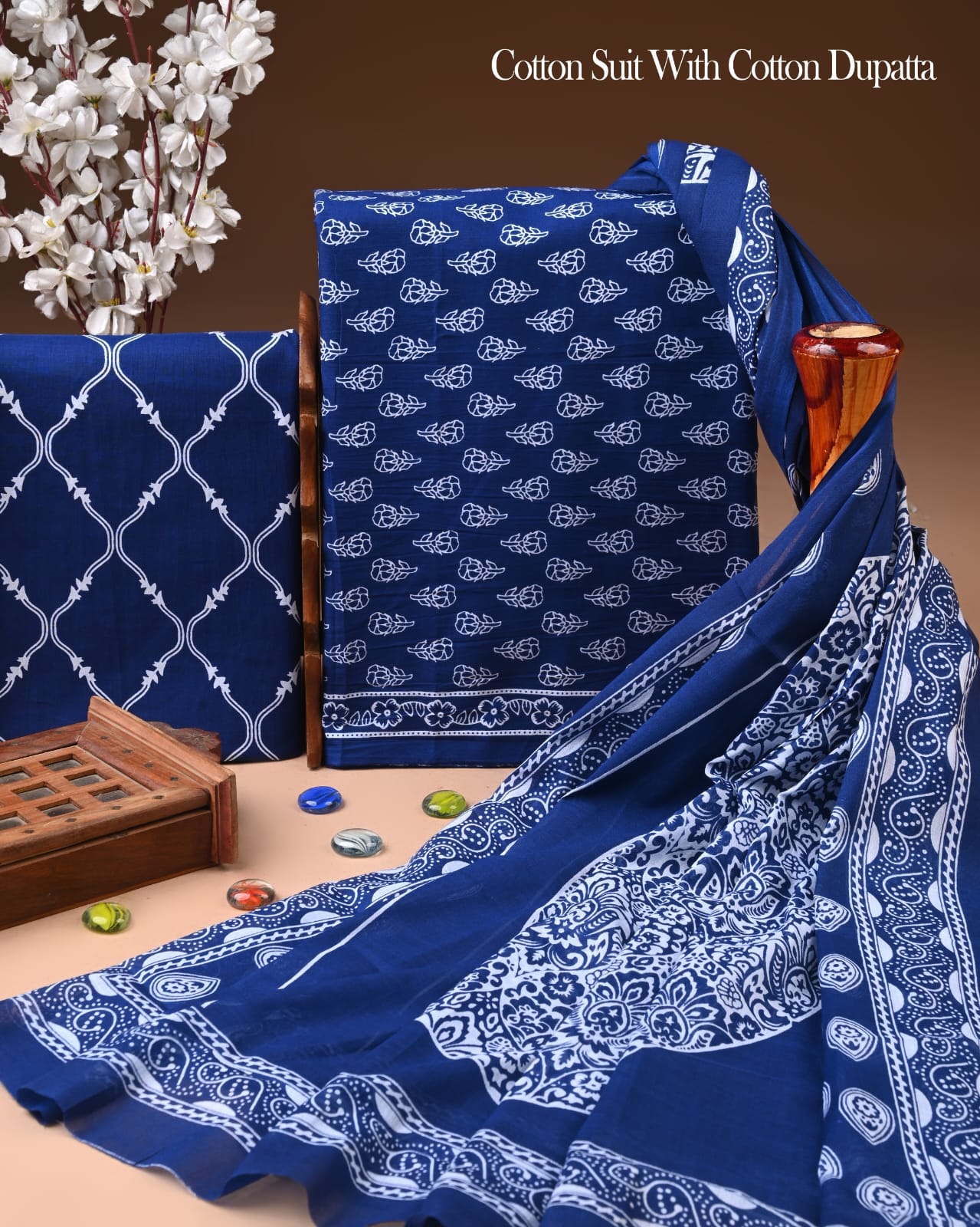 Designer Hand Block Printed Cotton Suit Set With Cotton Dupatta