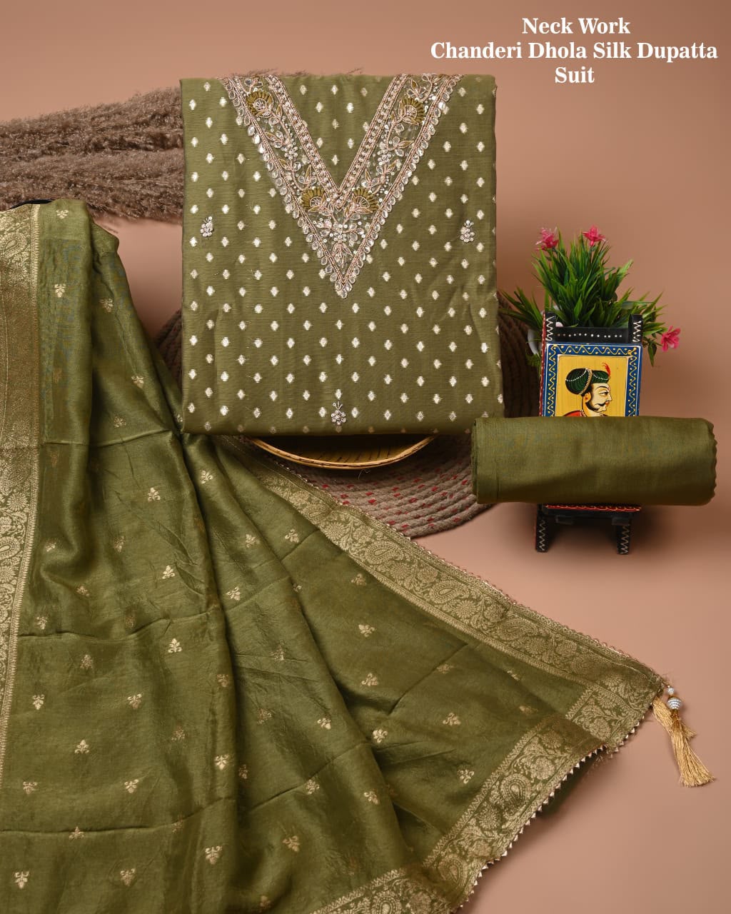 Premium Heavy Neck Work Dola Silk Suit Set