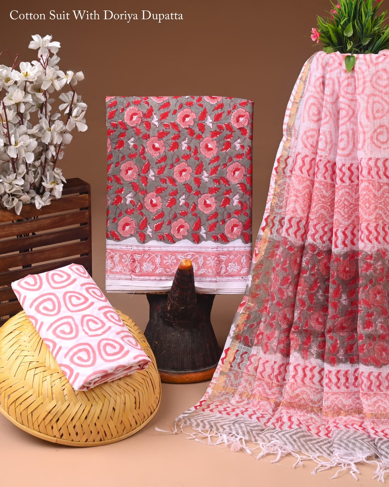 Pure Cotton Hand Block Printed Suit Set With Kota Doria Dupatta