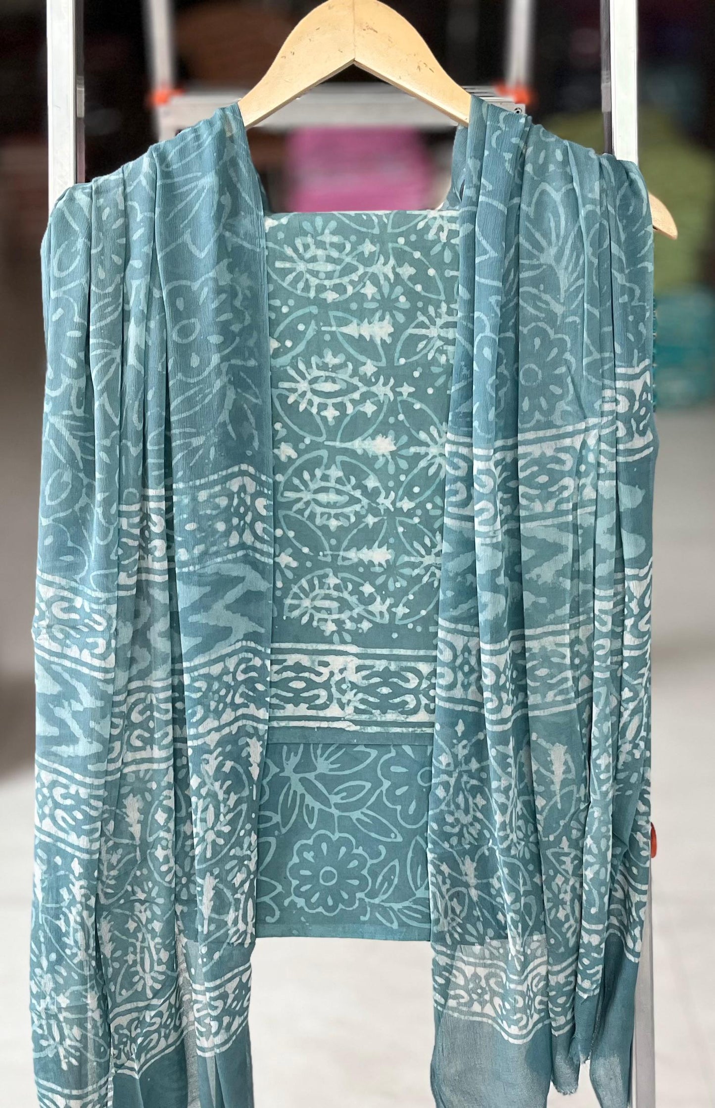 Pure Cotton Hand Block Printed Suit Set With Chiffon Dupatta