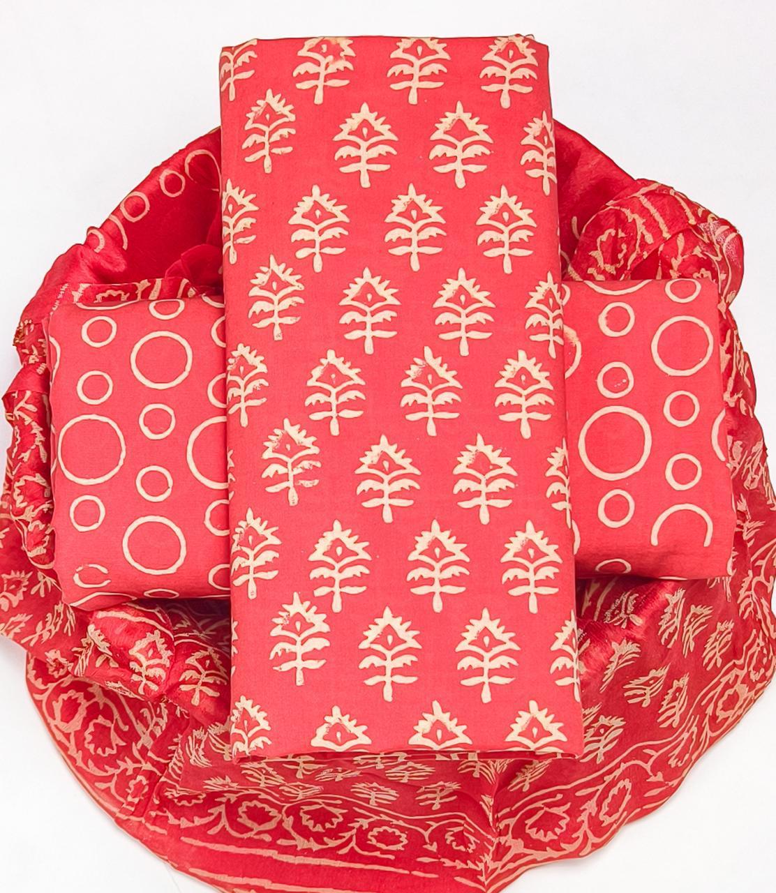 Pure Cotton Hand Block Printed Suit Set With Chiffon Dupatta