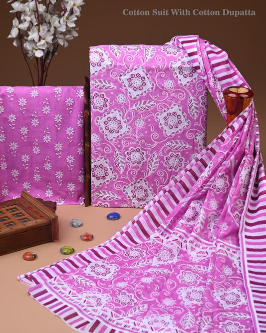 Designer Hand Block Printed Cotton Suit Set With Cotton Dupatta