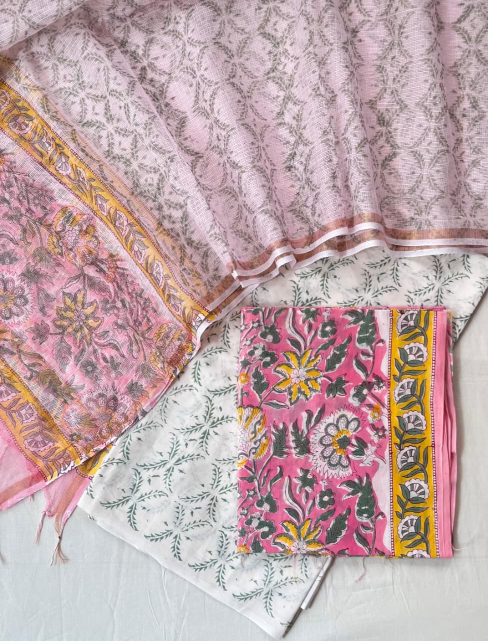 Pure Cotton Hand Block Printed Suit Set With Kota Doria Dupatta
