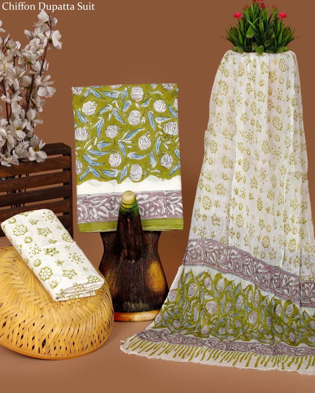 Pure Cotton Hand Block Printed Suit Set With Chiffon Dupatta